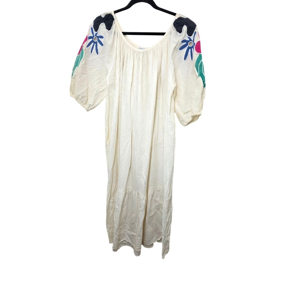 VTG Appel Embroidered Peasant Midi Y2k 90s Dress Cream Floral Puff Sleeve M